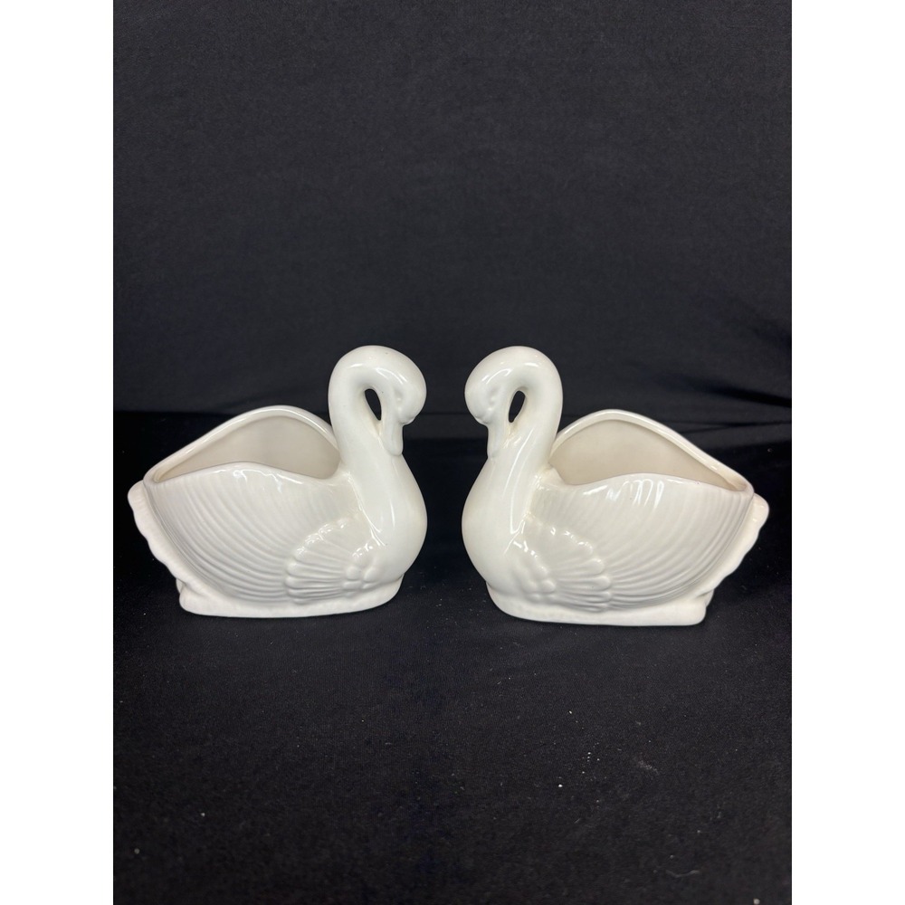 Pair of K's Collection White Swan Planters or Trinket Dish, Vintage